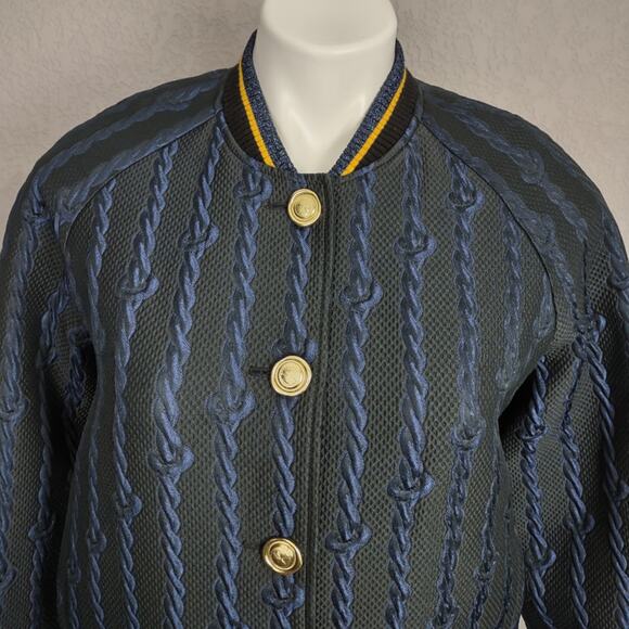 3.1 Phillip Lim Brocade Cable Print Varsity Bomber Black & Blue Jacket Size 4 - Picture 10 of 16